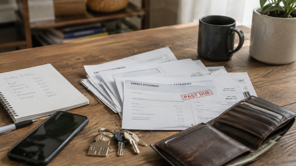 Household bills, wallet, phone, and keys on a wooden table showing everyday financial stress